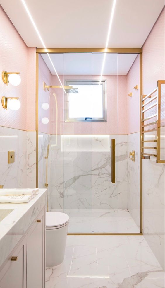 Ideias banheiro rosa dourado