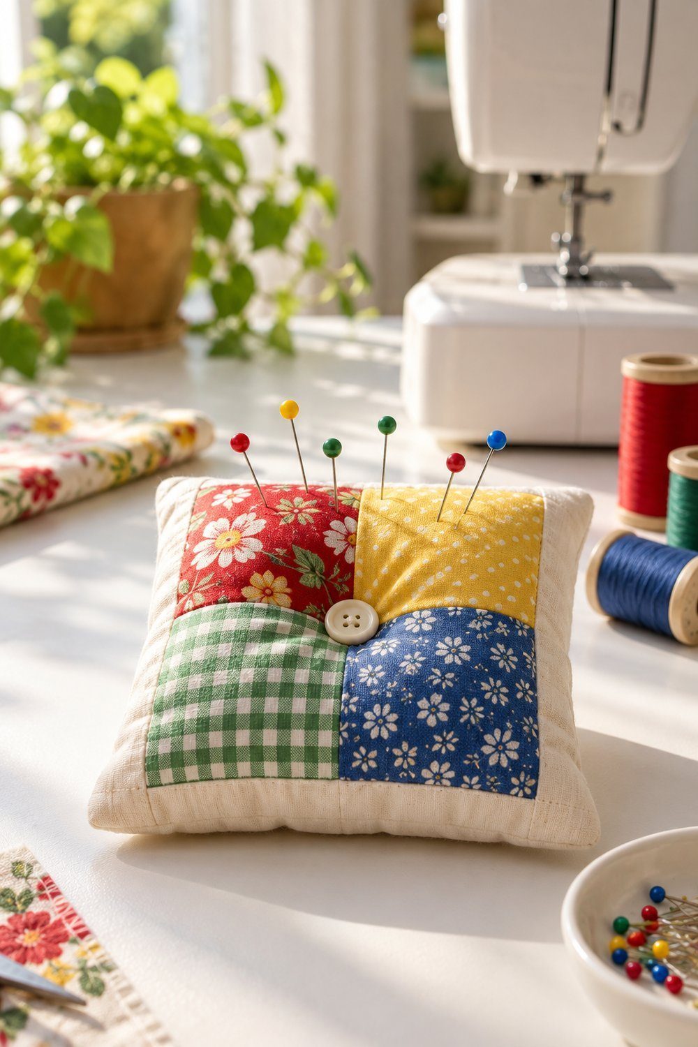 Alfineteiro de patchwork com quatro quadrados estampados e botão no centro