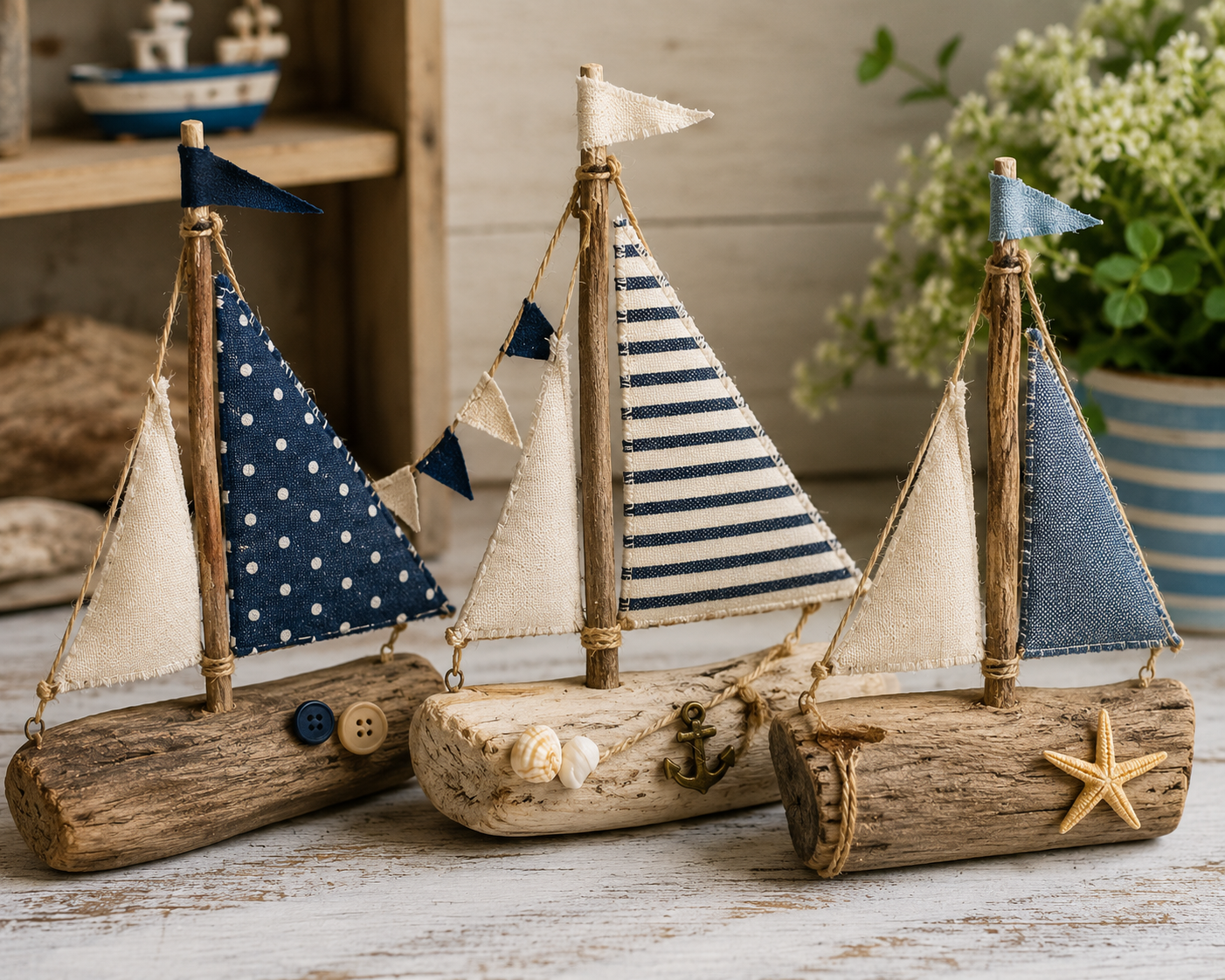 Barcos decorativos feitos de tecido e troncos de &aacute;rvores: ideias artesanais com encanto r&uacute;stico barcos decorativos feitos de tecido e troncos de arvores