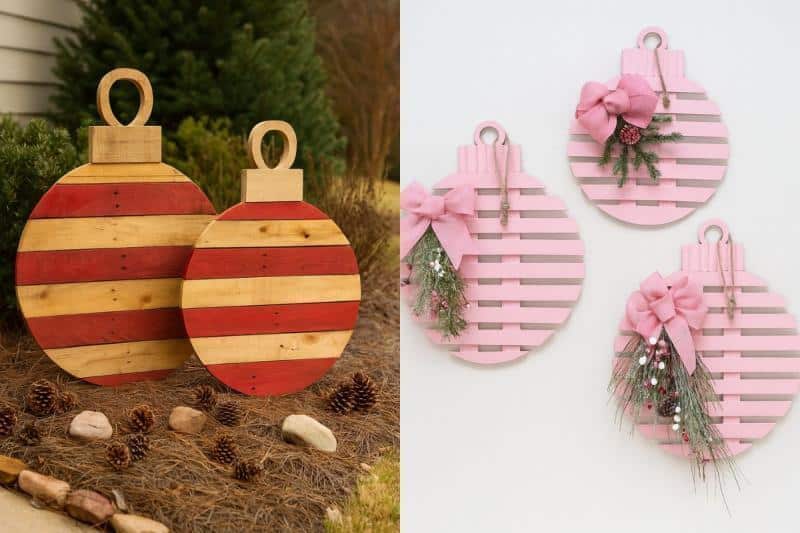 bolas de natal gigantes feitas de paletes de madeira
