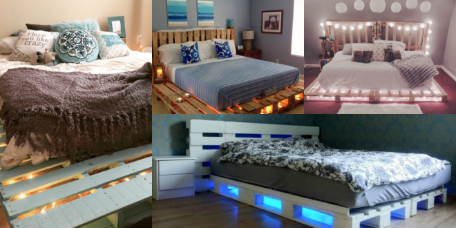 cama de paletes de madeira com luzes