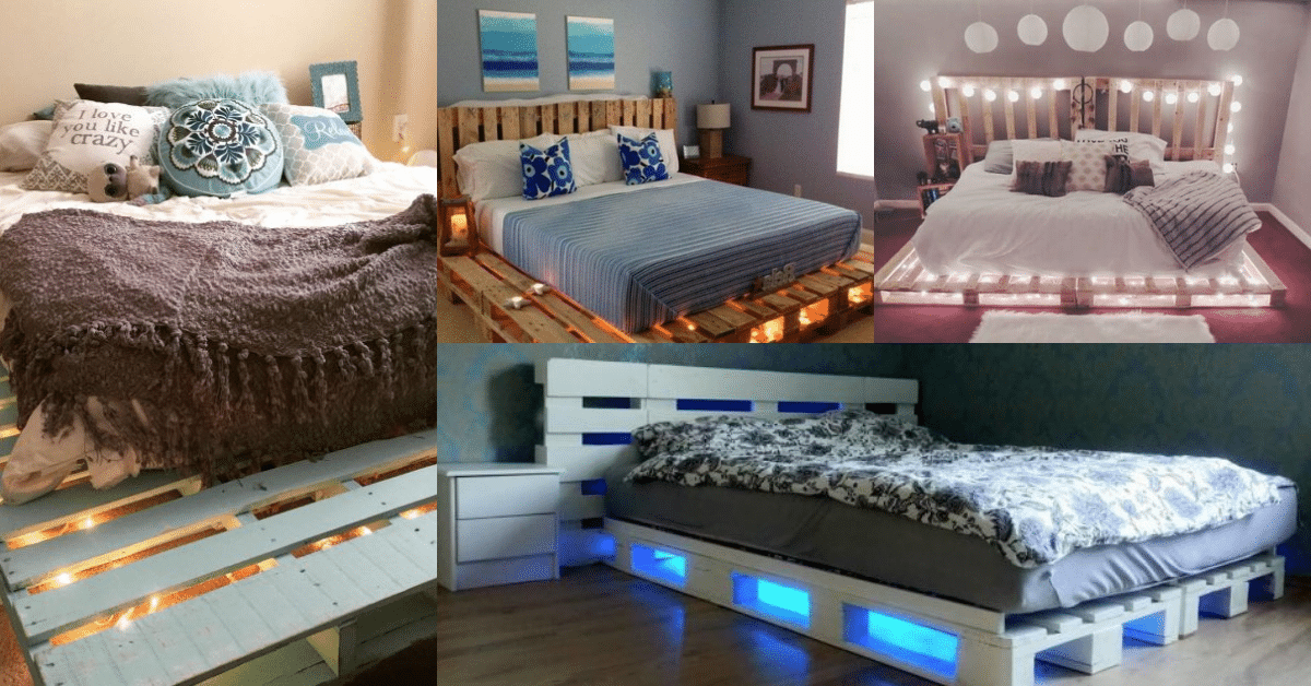 cama de paletes de madeira com luzes