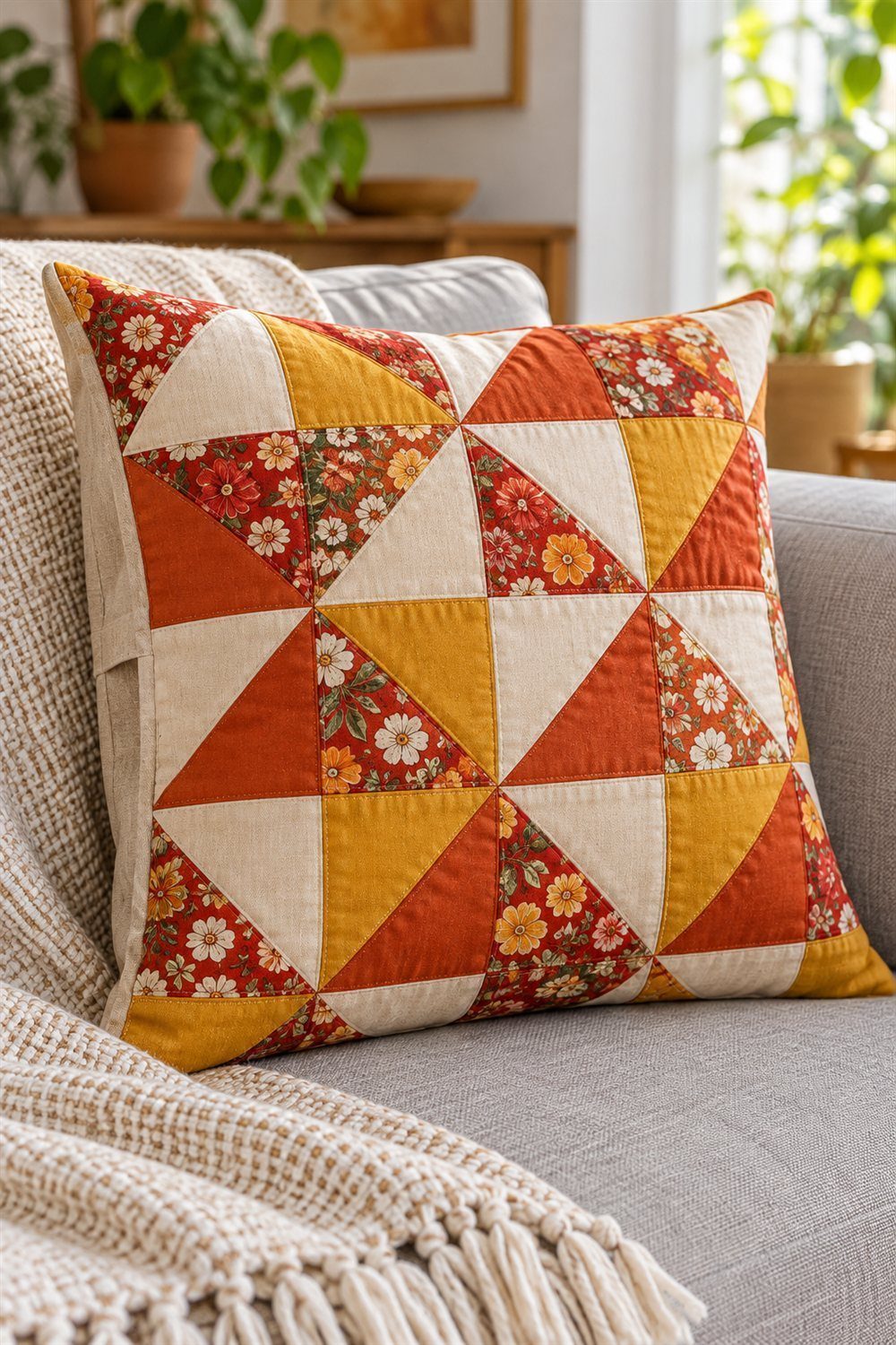 Capa de almofada de patchwork com triângulos de retalhos sobre um sofá