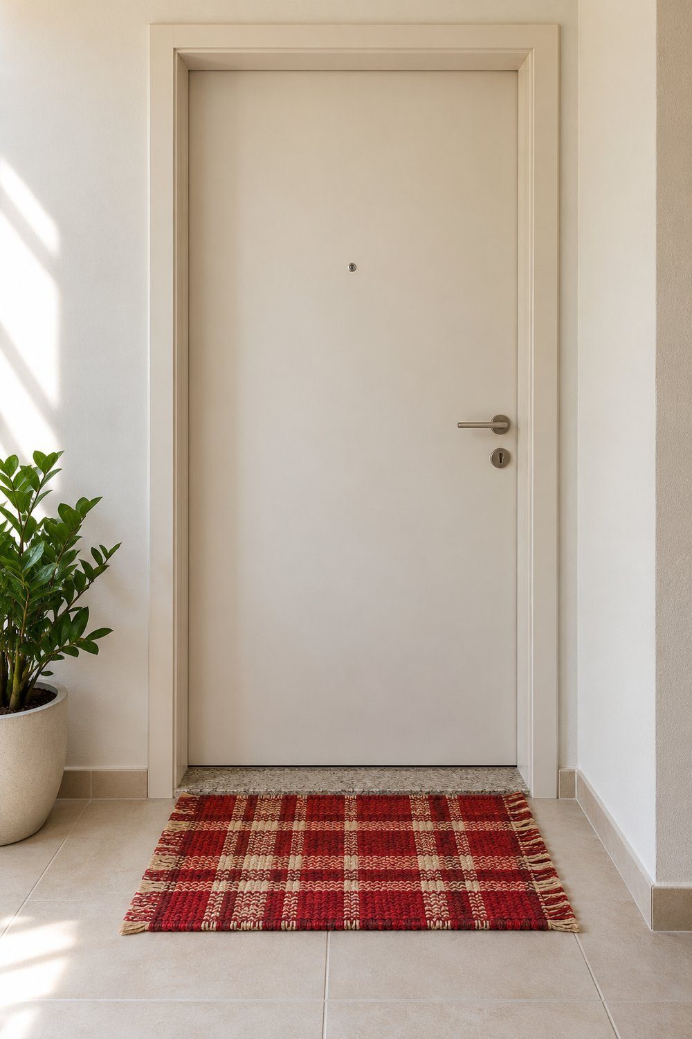 Capacho xadrez vermelho e bege junto à porta lisa de apartamento