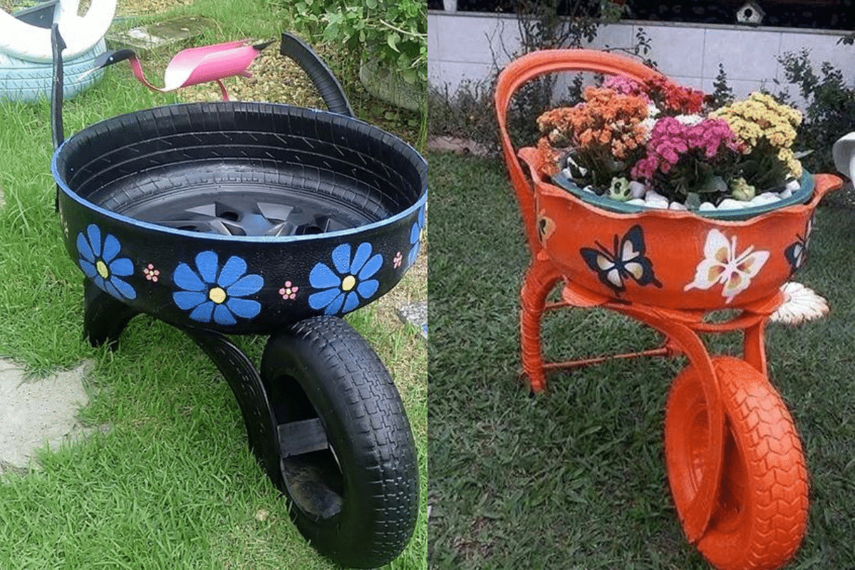 carrinho de mao pneus para decorar jardim