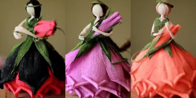 como fazer bonecas em forma de rosa com papel crepom