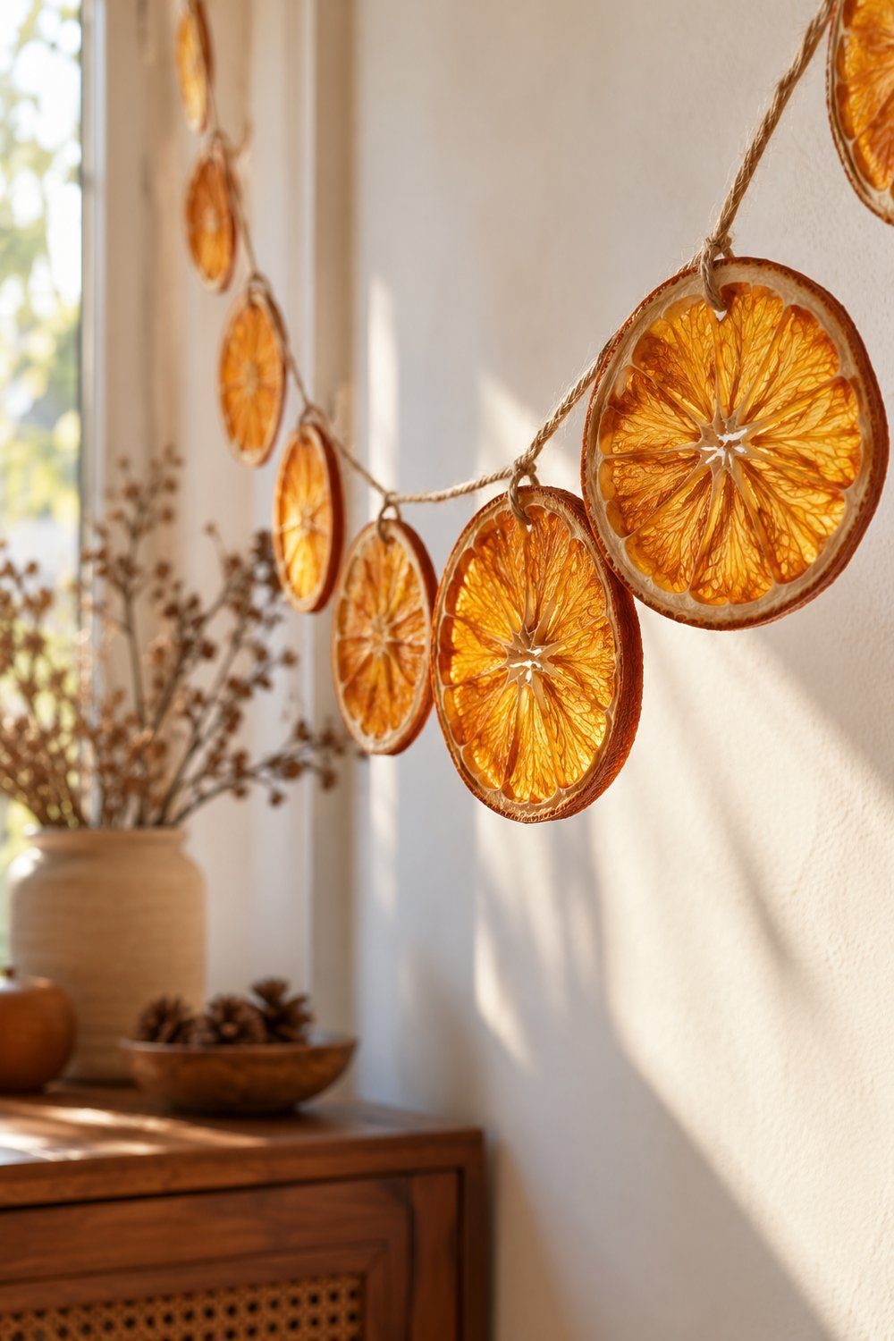 Cordão de rodelas de laranja desidratada iluminado pelo sol na sala