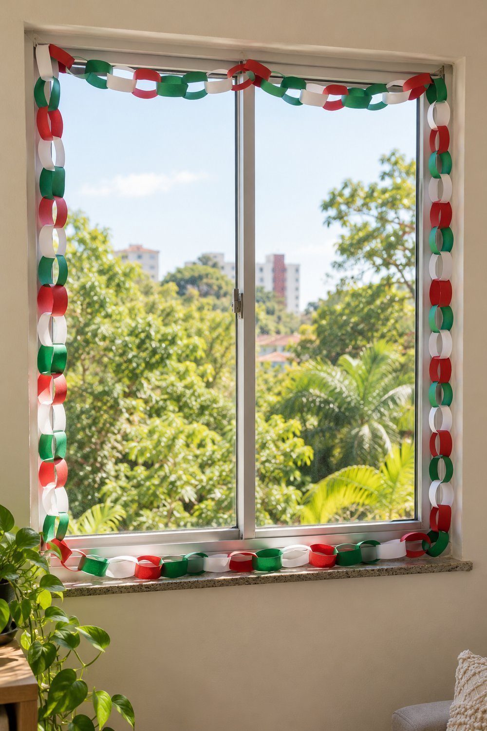 Corrente de papel vermelho verde e branco contornando a moldura da janela