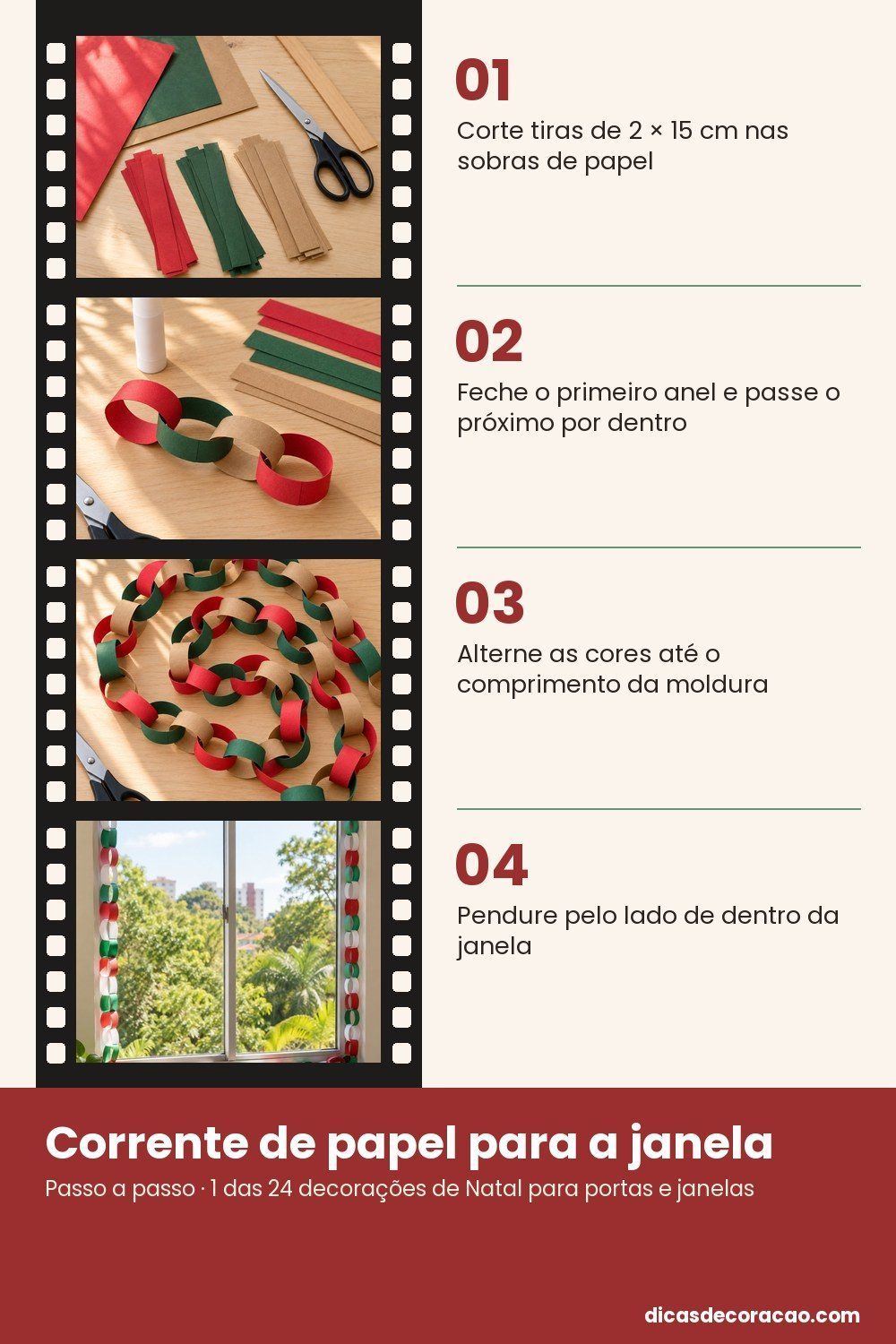 Corrente de papel para a janela passo a passo: cortar as tiras, fechar os elos, alternar as cores e pendurar na moldura