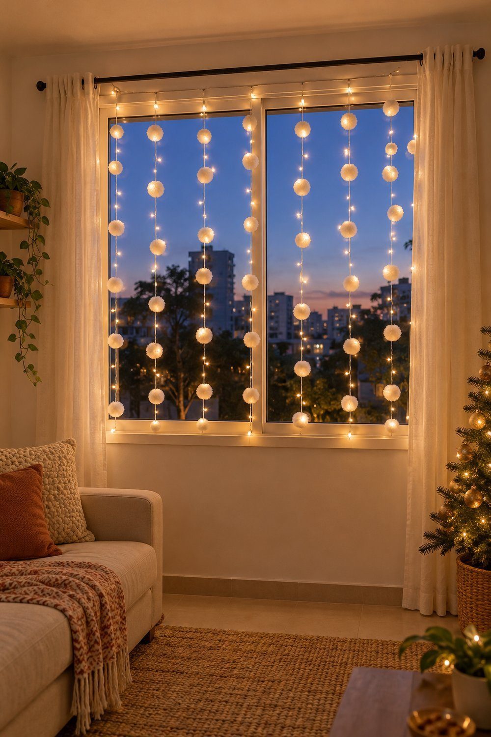 Cortina de luz quente com pompons brancos iluminando a janela ao anoitecer