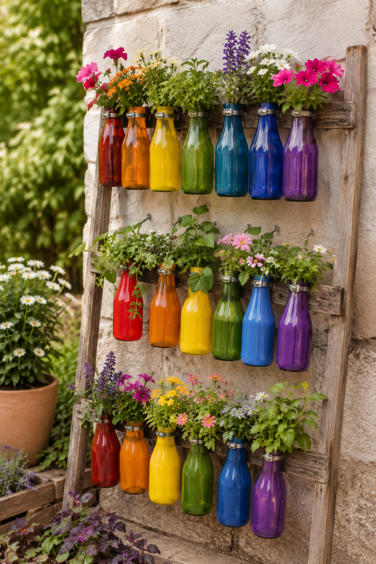 Diferentes ideias para decorar o jardim com garrafas das cores do arco-&iacute;ris diferentes ideias para decorar o jardim com garrafas das cores do arco iris 5