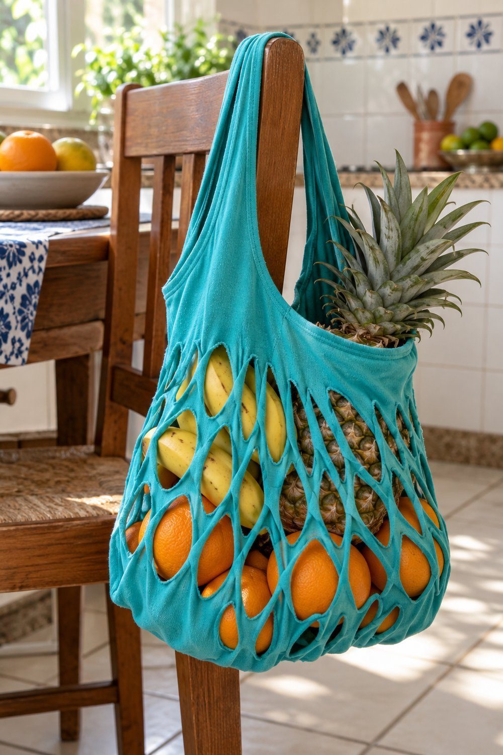 Ecobag feita de camiseta velha com fendas recortadas e frutas dentro