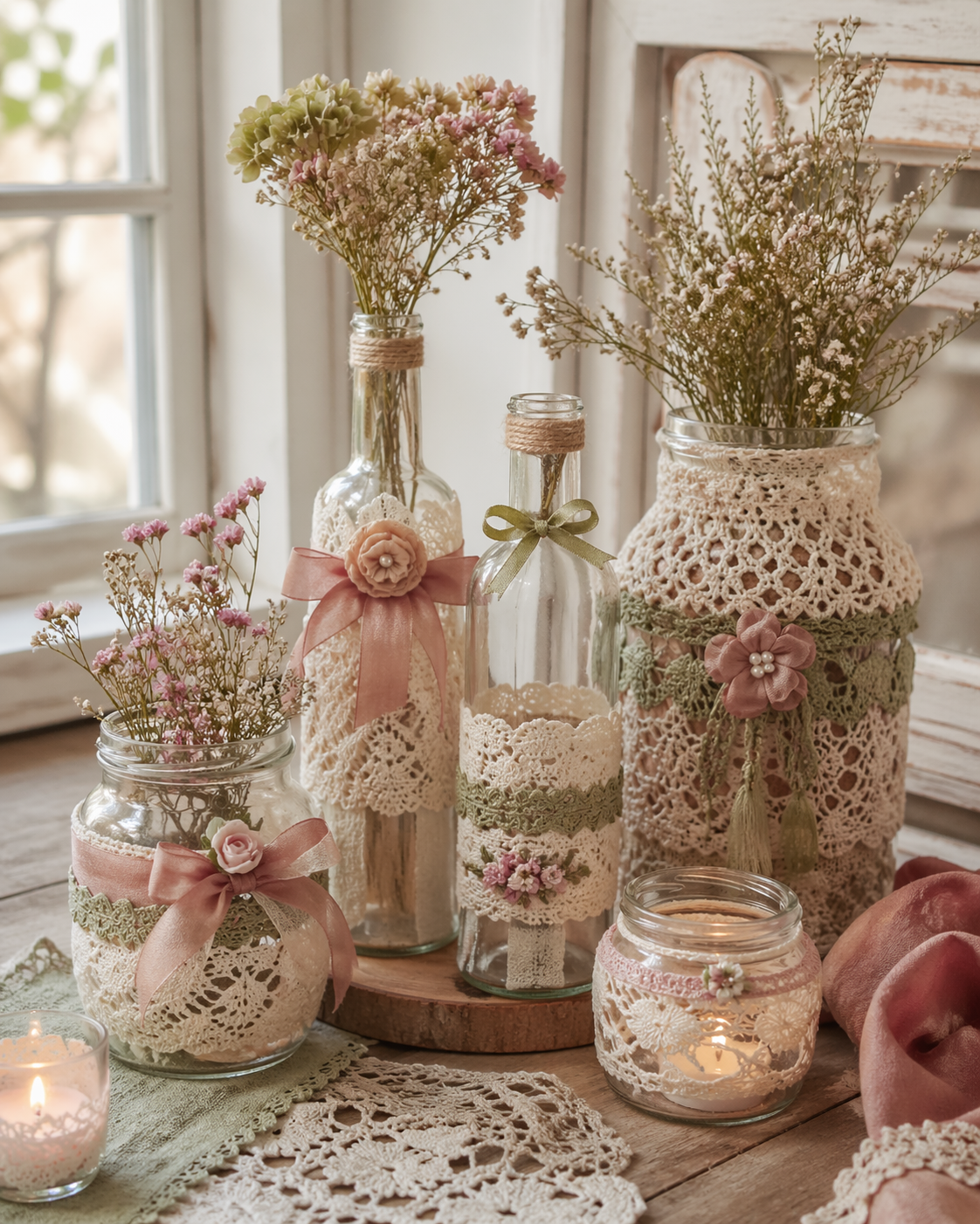 Frascos e Garrafas de Vidro Decorados com Renda: Ideias Criativas para Dar Charme, Eleg&acirc;ncia e Personalidade &agrave; Sua Decora&ccedil;&atilde;o frascos e garrafas de vidro decorados com renda 8