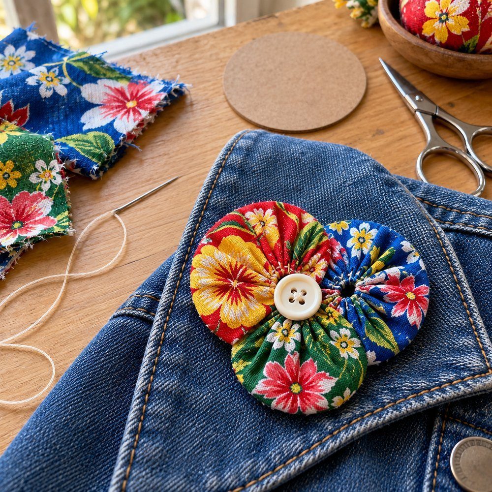 Broche de três fuxicos de chita com botão no centro preso na lapela de uma jaqueta jeans