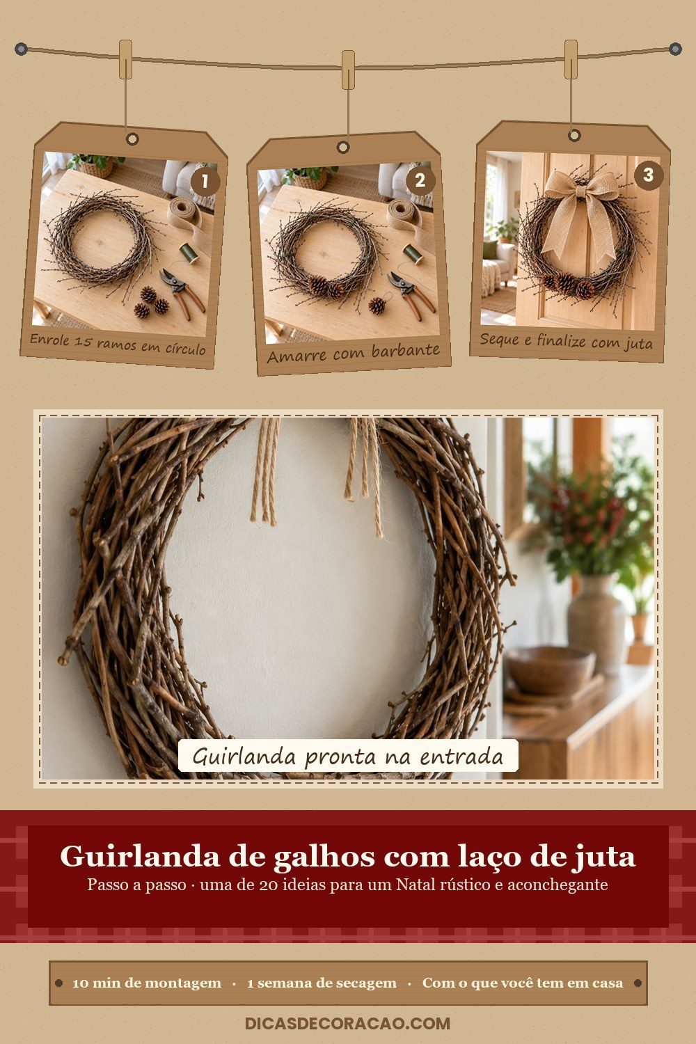 Passo a passo da guirlanda de galhos com laço de juta: enrole, amarre, seque e finalize