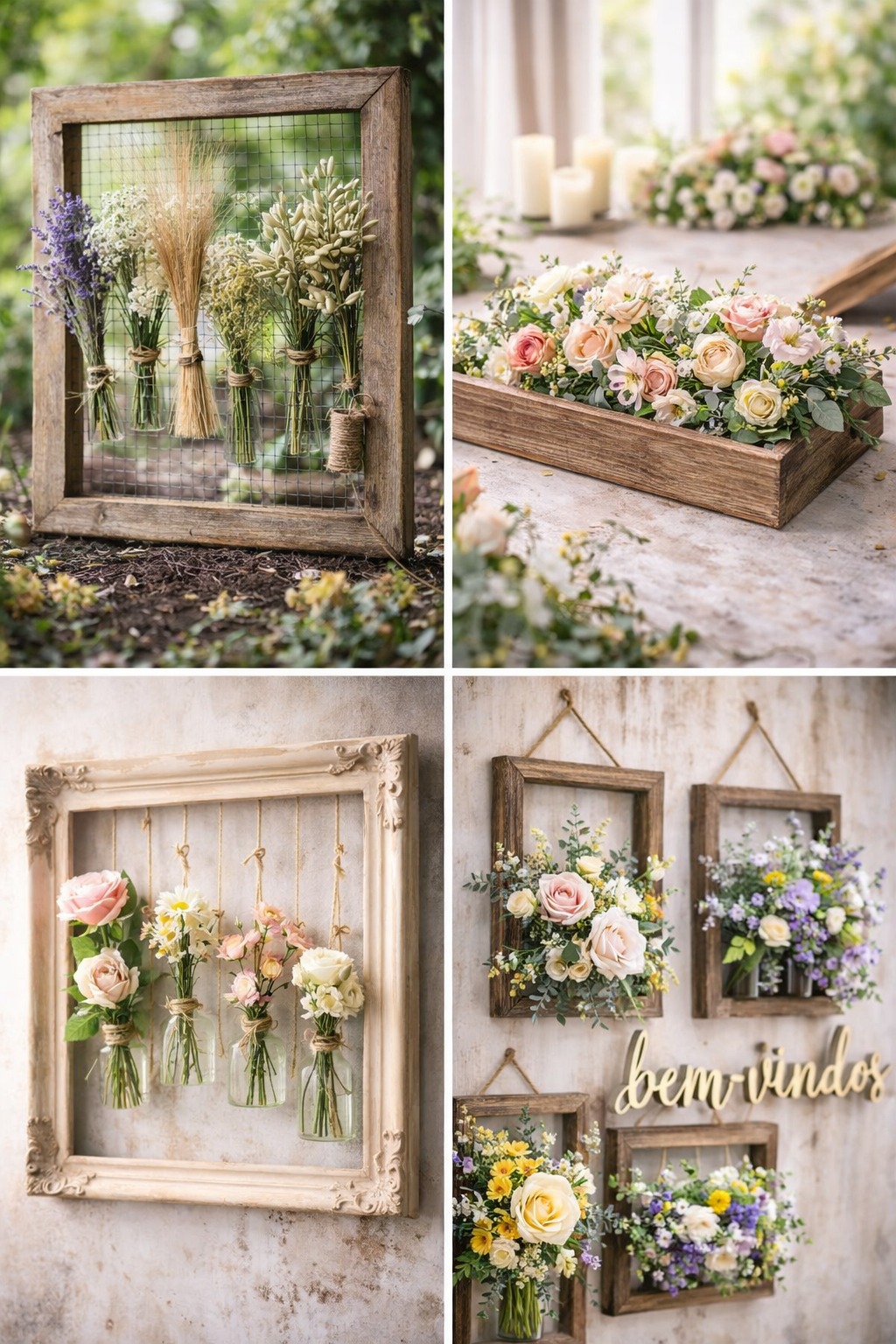 Ideias de Arranjos de Flores com Molduras de Madeira para Decorar com Charme ideias de arranjos de flores com molduras de madeira