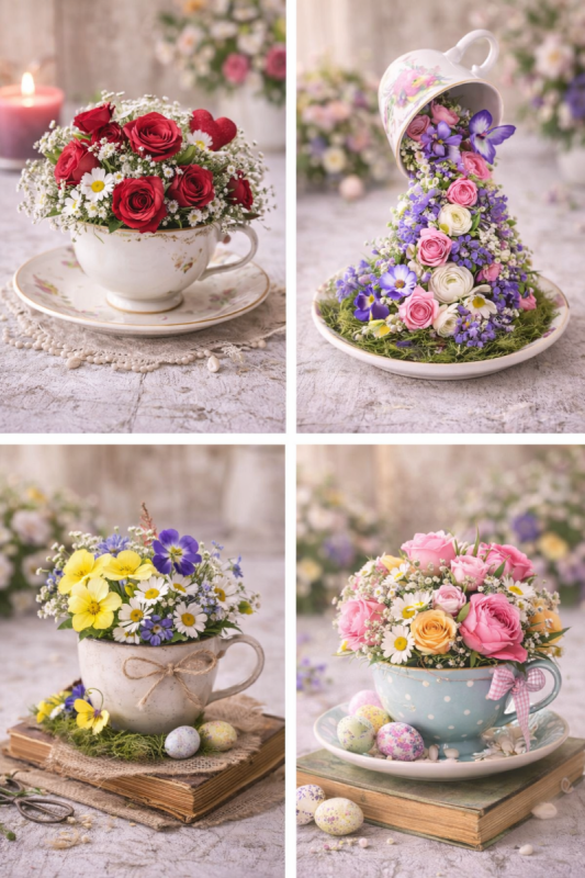 ideias de arranjos de flores com xicaras de cha scaled