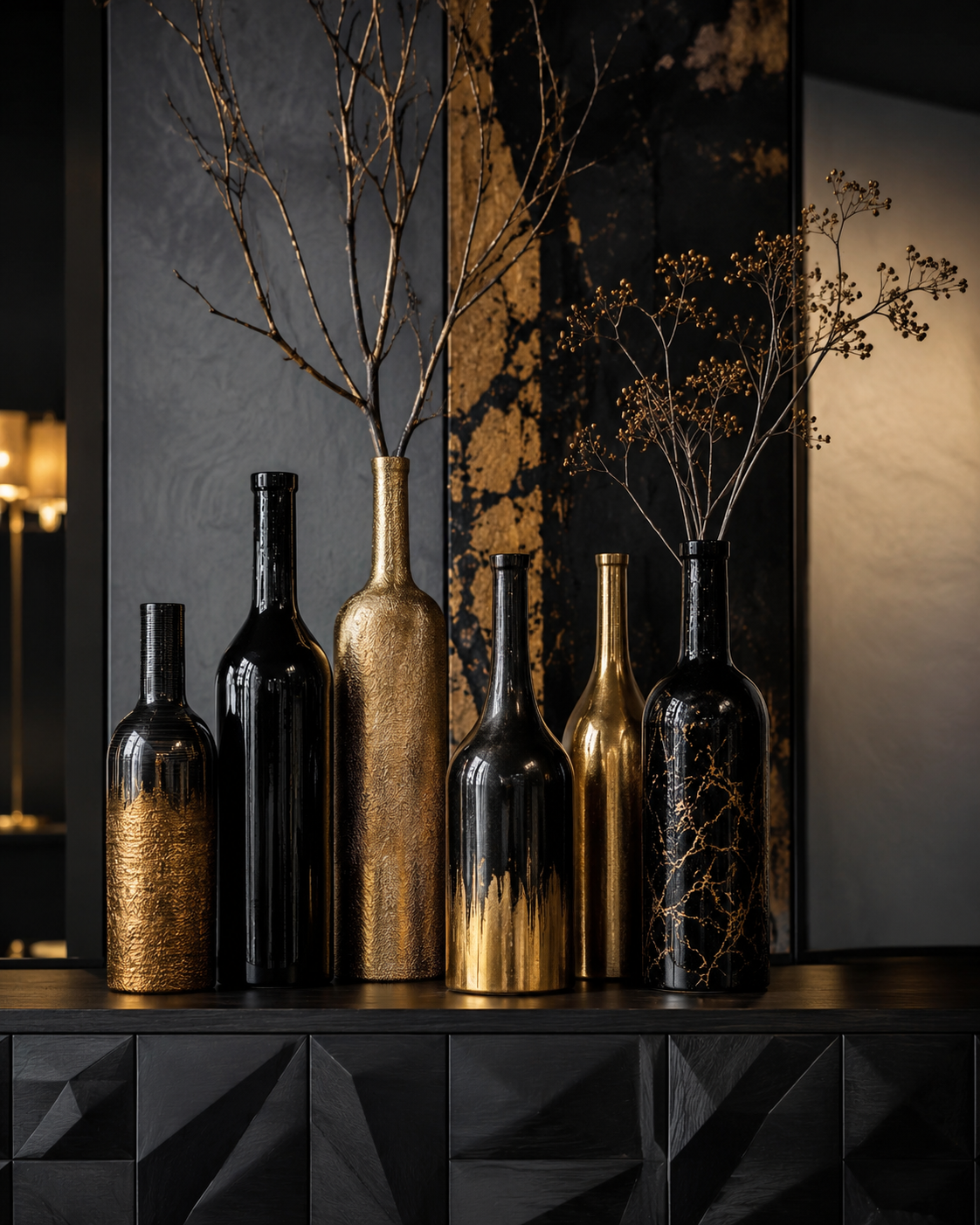 Ideias de Decora&ccedil;&atilde;o com Garrafas Douradas: Inspira&ccedil;&otilde;es Elegantes e F&aacute;ceis ideias de decoracao com garrafas douradas 4