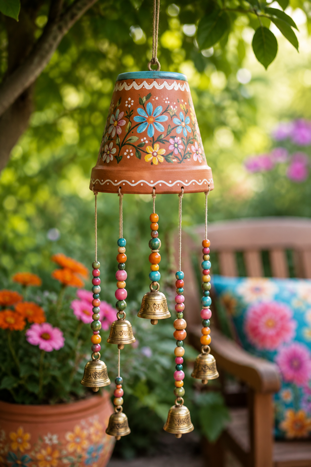 Lindos modelos de sinos de vento em vasos pintados: ideias criativas para decorar jardins, varandas e janelas lindos modelos de sinos de vento em vasos pintados 3