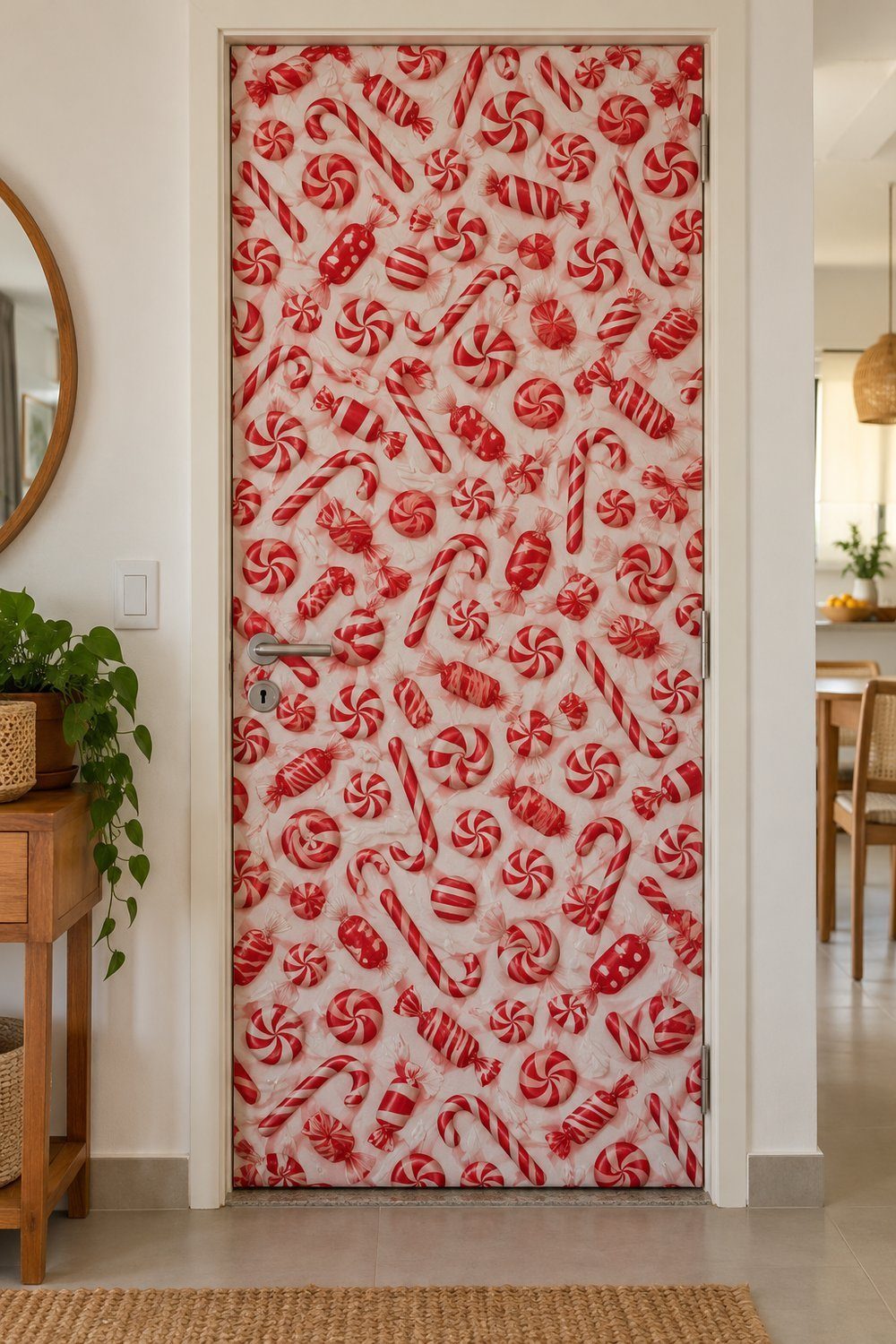 Porta interna coberta com papel estampado de doces natalinos vermelhos e brancos