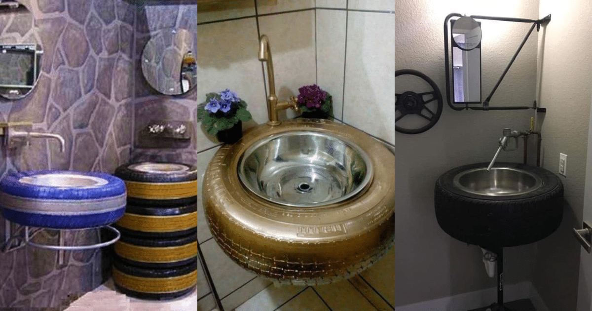 pia de banheiro feita com pneus velhos