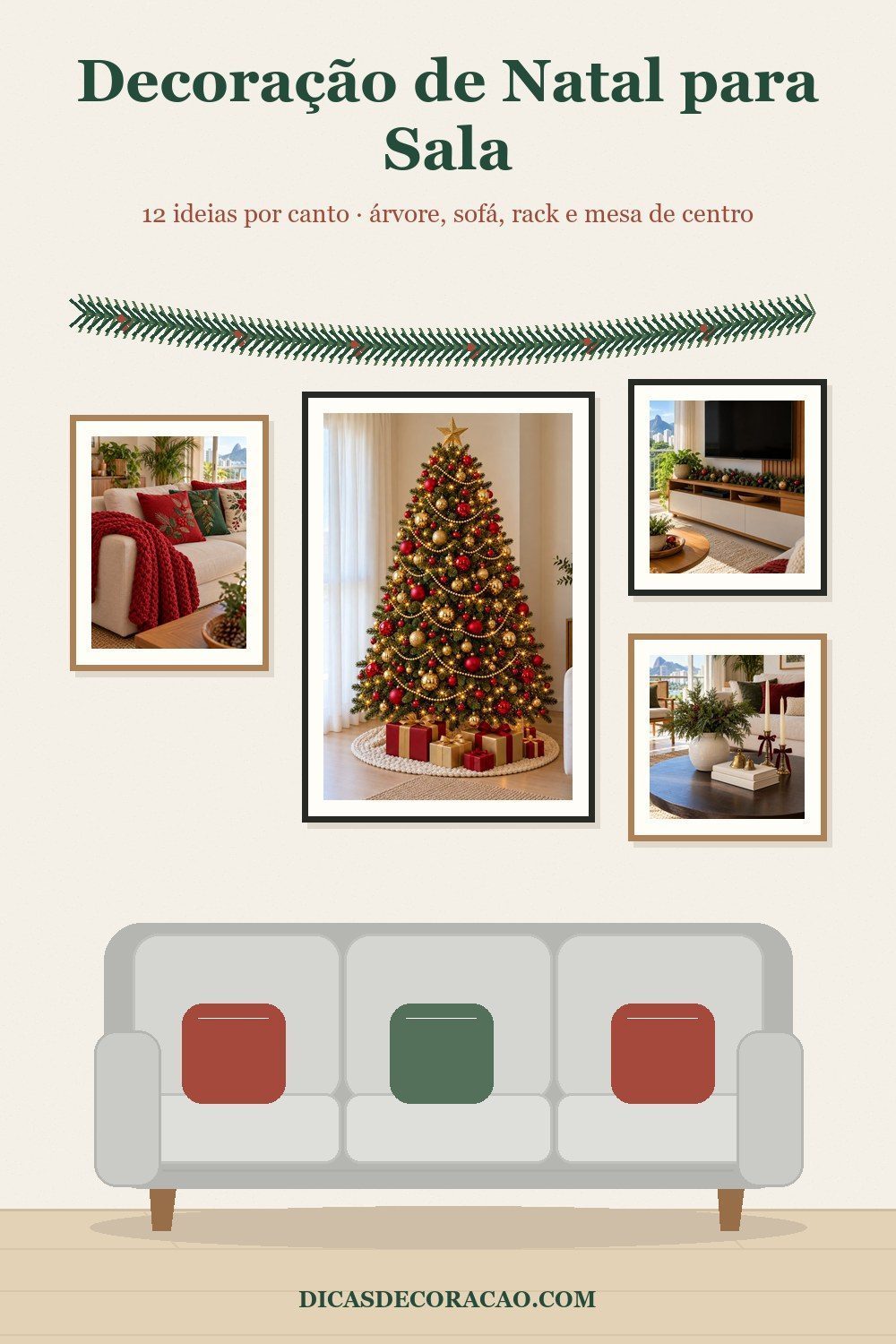 Pin de decoração de Natal para sala com árvore, sofá, rack e mesa de centro