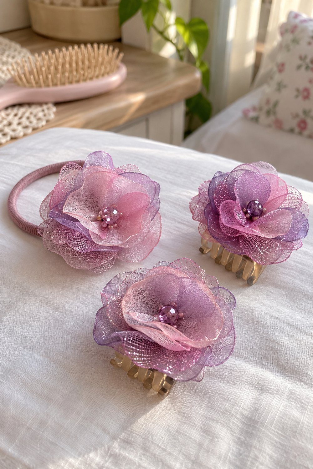 Presilhas de cabelo com flores de círculos de organza e tule em tons de rosa