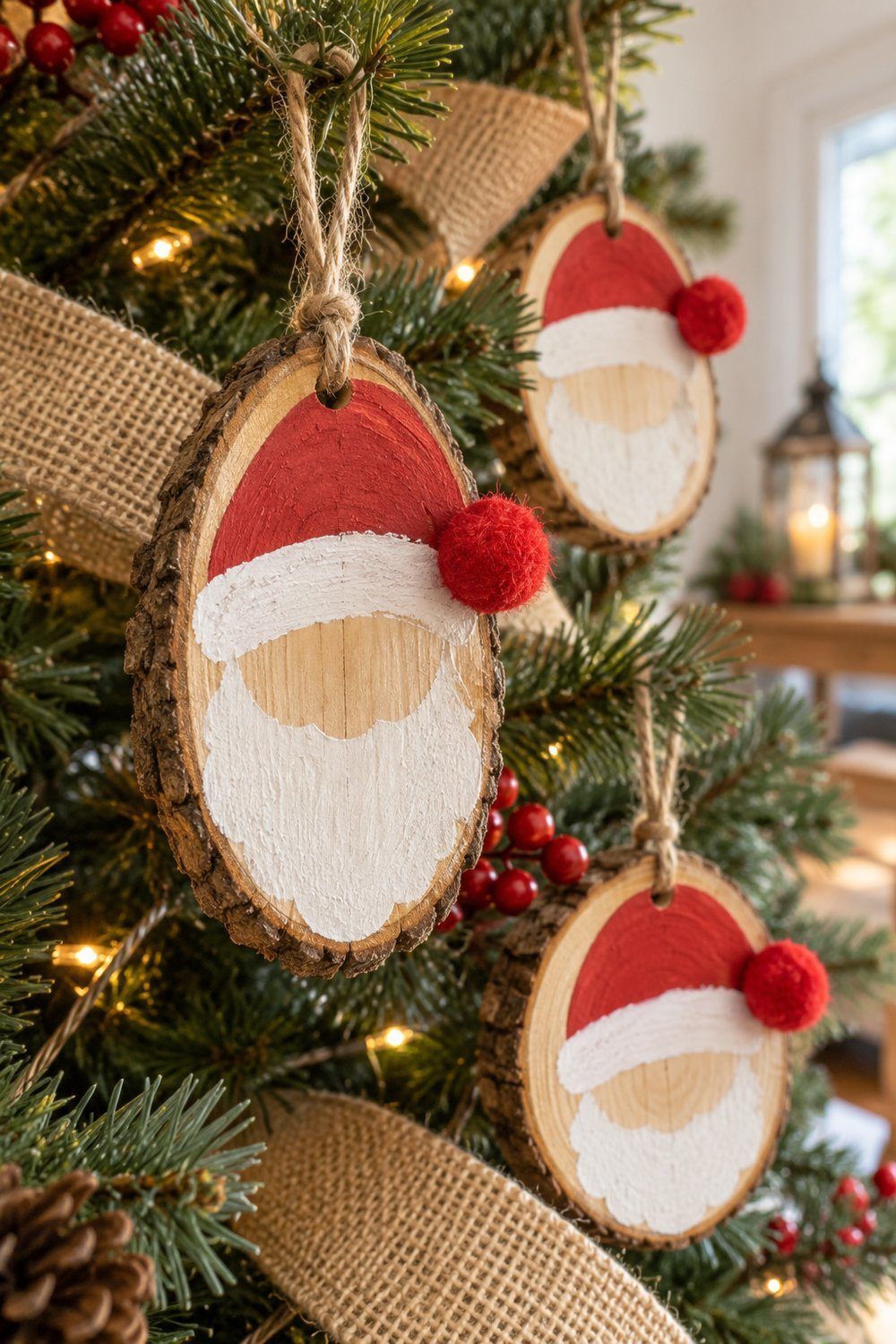 Rodelas de madeira com Papai Noel pintado penduradas na árvore rústica