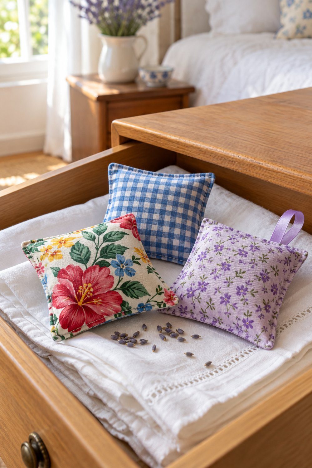 Sachês de lavanda de tecido estampado com fita de cetim dentro de uma gaveta