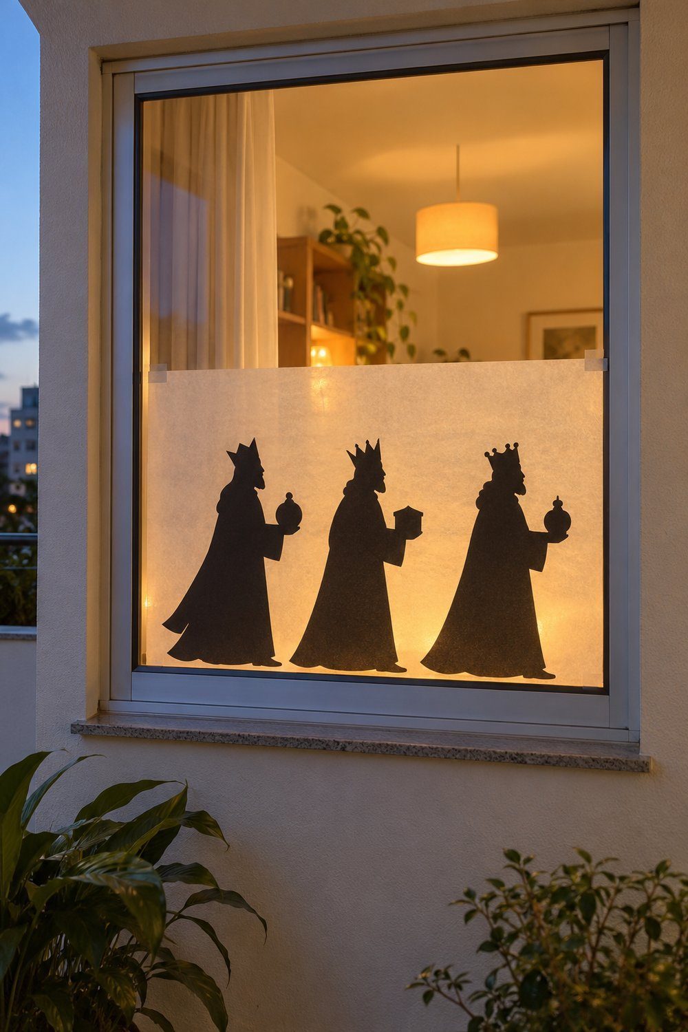 Silhuetas pretas dos Reis Magos iluminadas por trás no vidro da janela