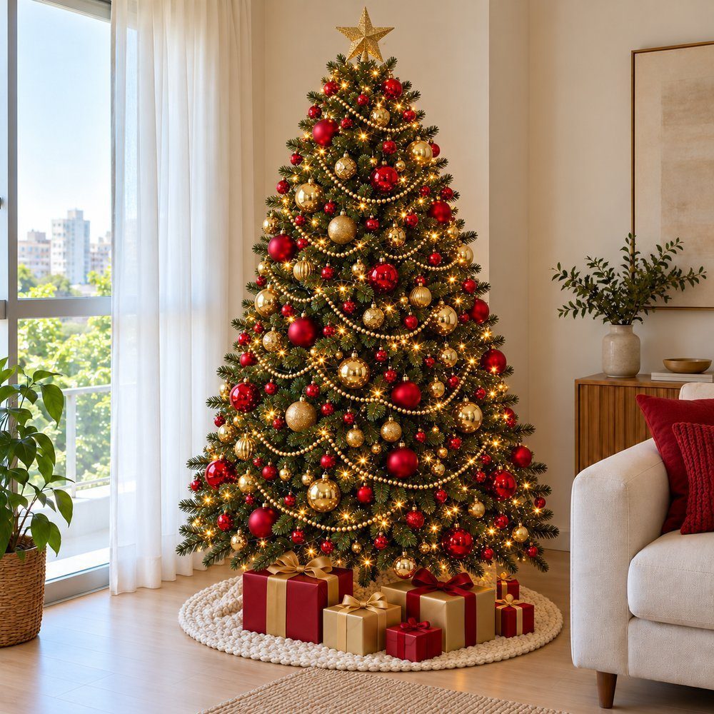 Árvore de Natal pronta na sala, com estrela no topo, saia de tricô e presentes