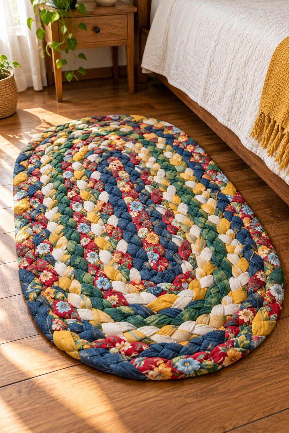 Tapete oval de trança feito com tiras de retalhos de tecido no chão